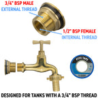 Water Butt Brass Kit 3/4" with 19mm Barbed Polished Brass Tap