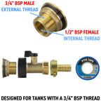 Water Butt Brass Kit 3/4" with Brass Valve + 13mm Barb