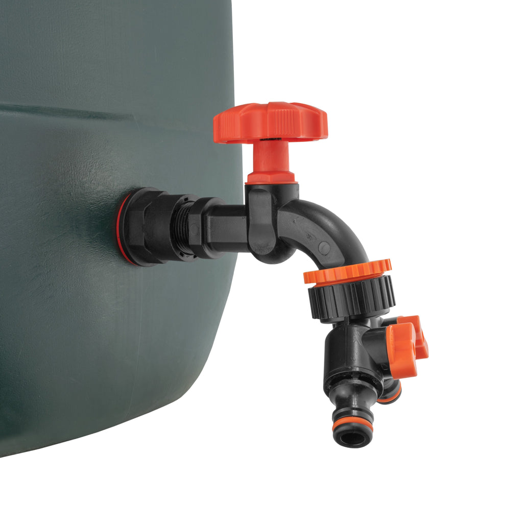 Water Butt Kit 1/2" with Black Dial Tap + Two-Way Splitter and Drill Bit