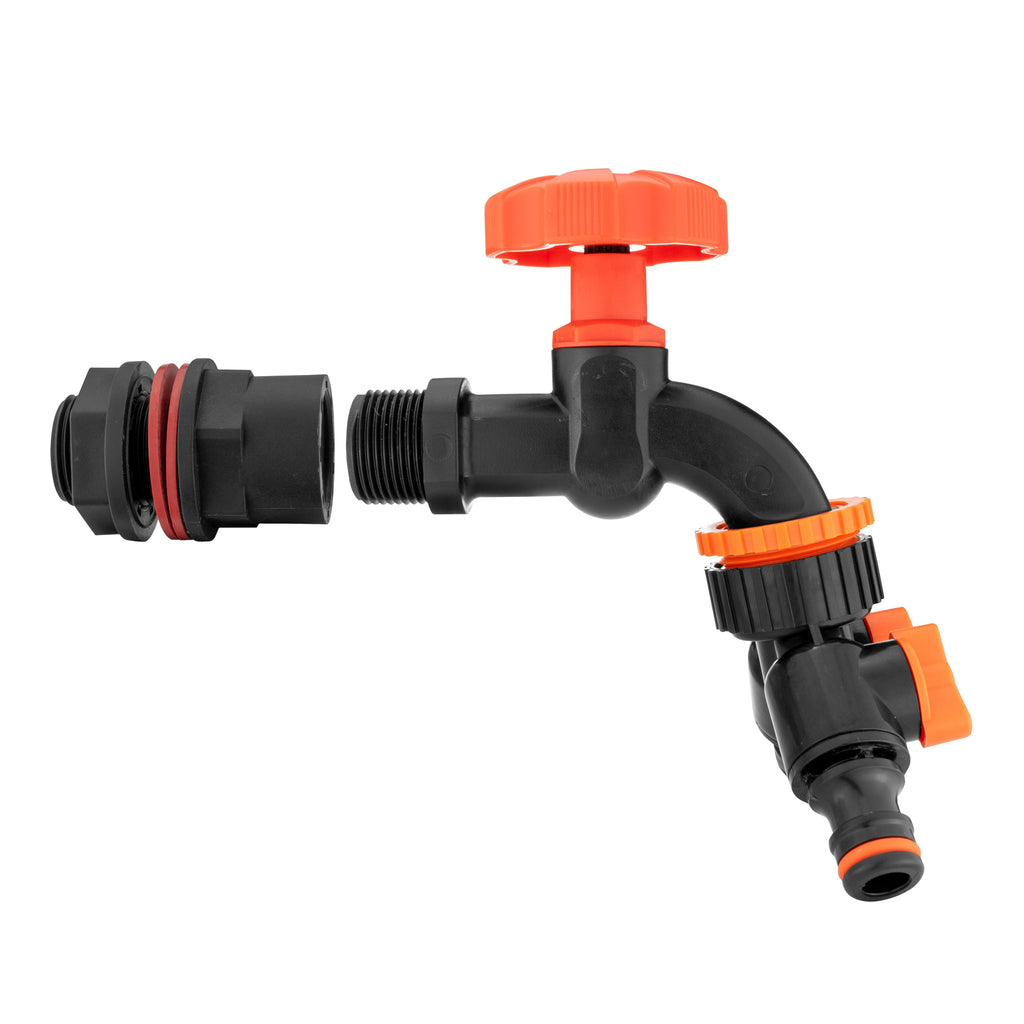 Water Butt Kit 1/2" with Black Dial Tap + Two-Way Splitter and Drill Bit