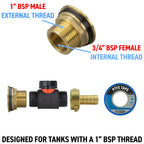 Water Butt Brass Kit 1" with In-Line Valve + 1/2" Brass Barb
