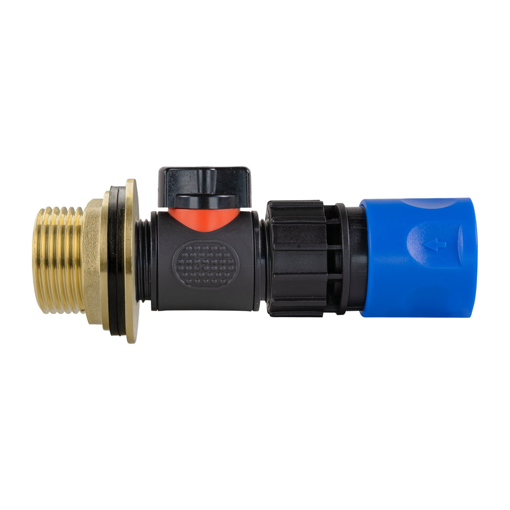 Water Butt Brass Kit 1" with In-Line Valve + Female Quick Connector Blue