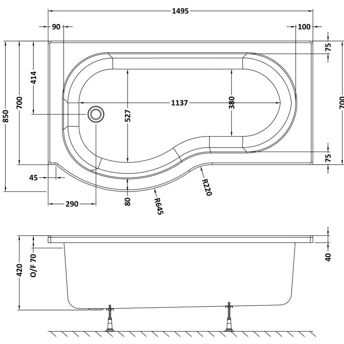 Home4Less P Shaped Shower Bath - White
