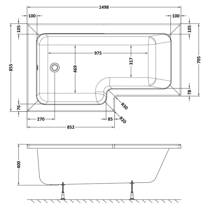 Home4Less L Shaped Shower Bath