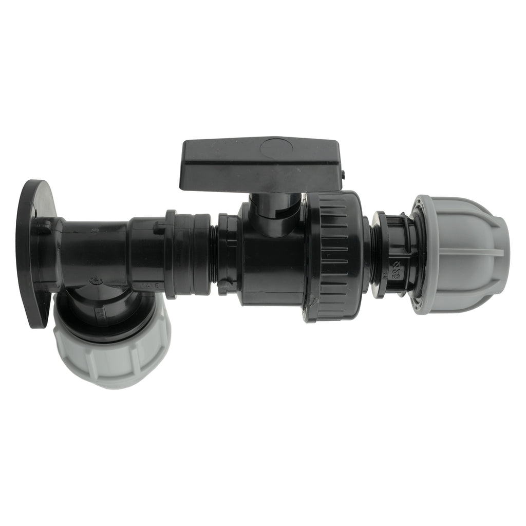 Wall Flange Kit 25mm MDPE + Large Plastic Valve & 25mm MDPE Straight