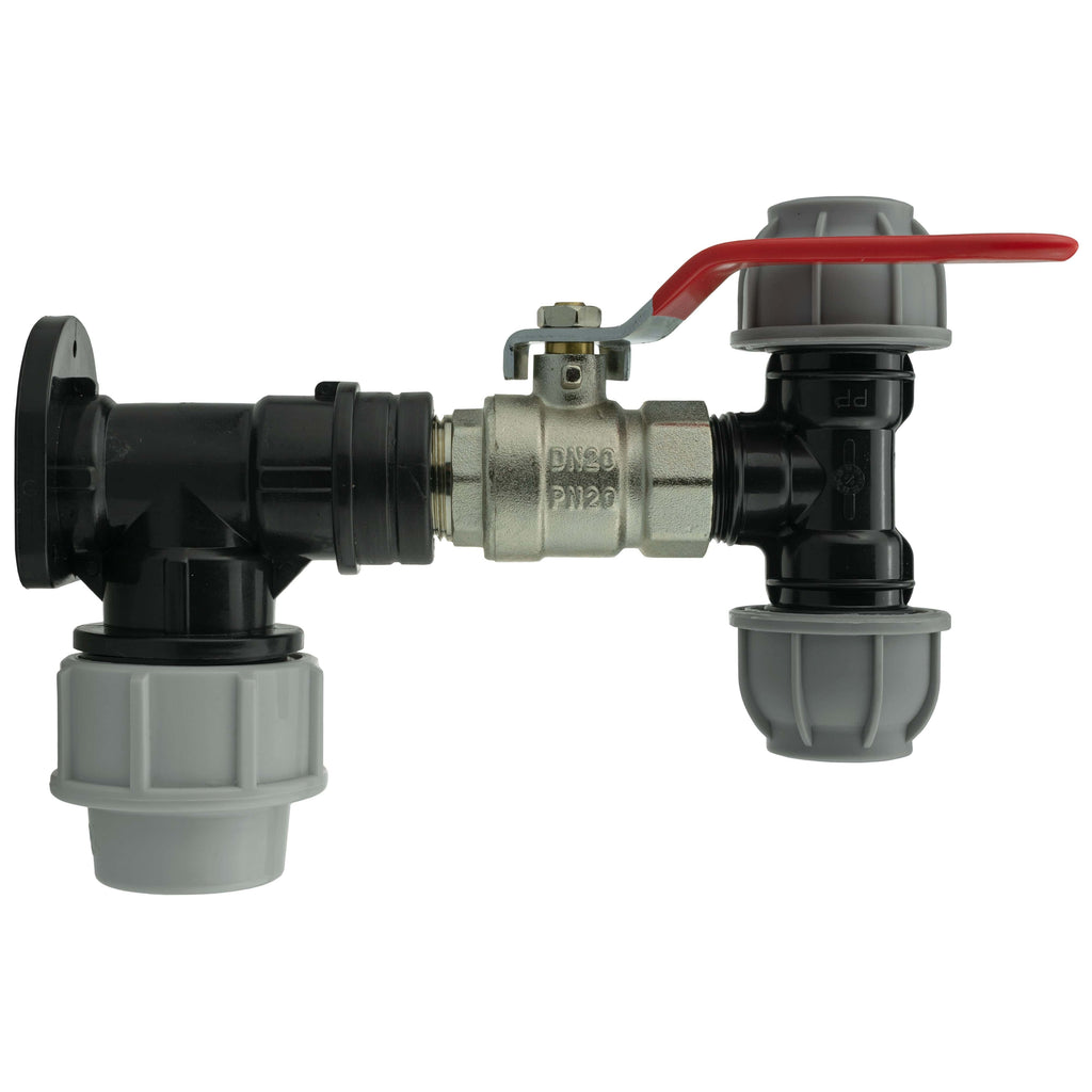 Wall Flange Kit 32mm MDPE + Lever Valve + 20mm MDPE Tee