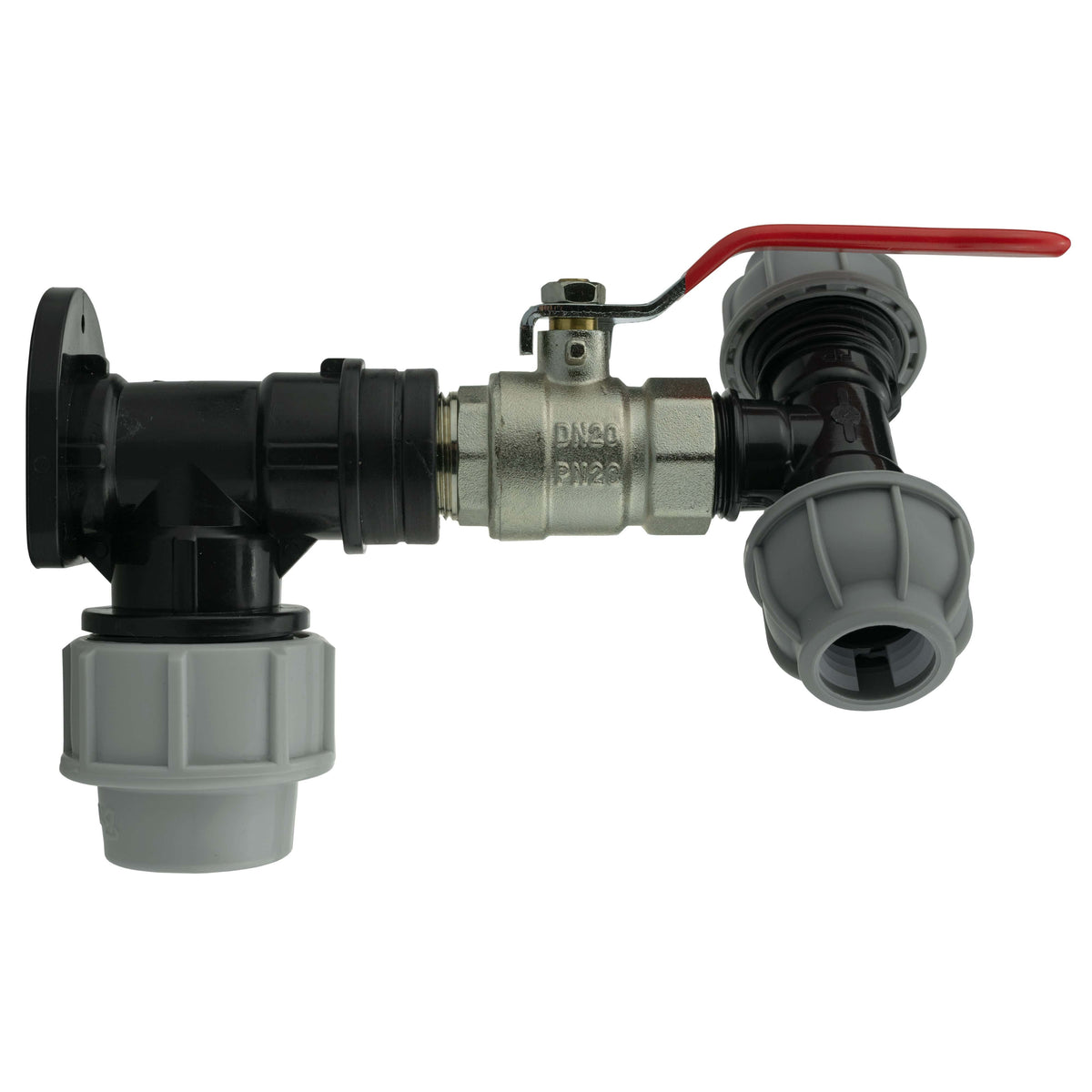 Wall Flange Kit 32mm MDPE + Lever Valve + 20mm MDPE Tee