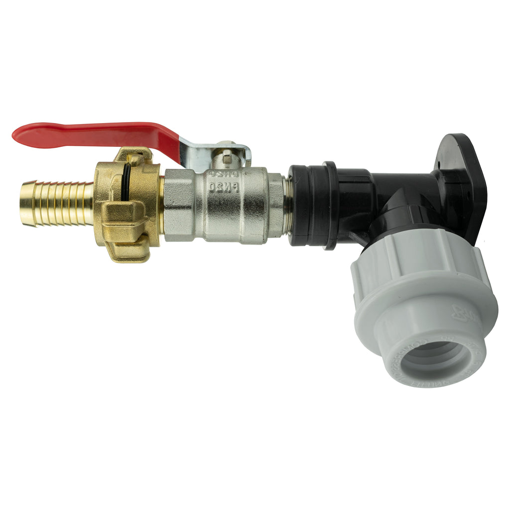 Wall Flange Kit 25mm MDPE + Lever Valve + 19mm Barbed Geka Set
