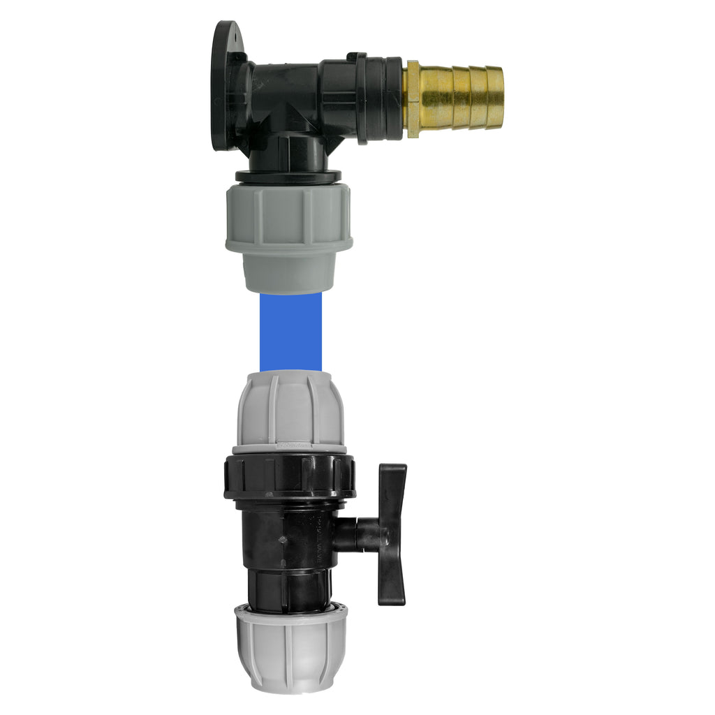 Wall Flange Kit 25mm MDPE + MDPE Valve + 25mm Brass Barb