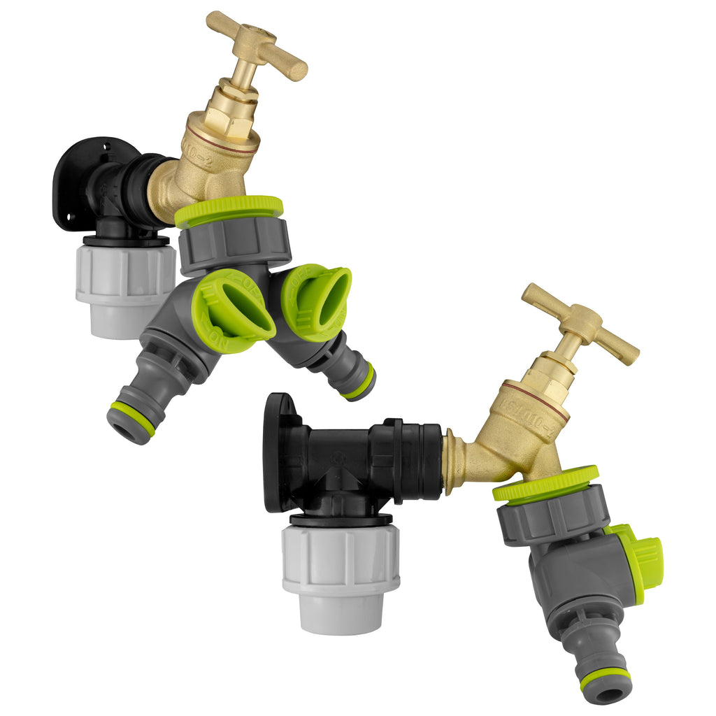 Wall Flange Kit 32mm MDPE + Brass Bib Tap + Lime Two Way Tap Splitter