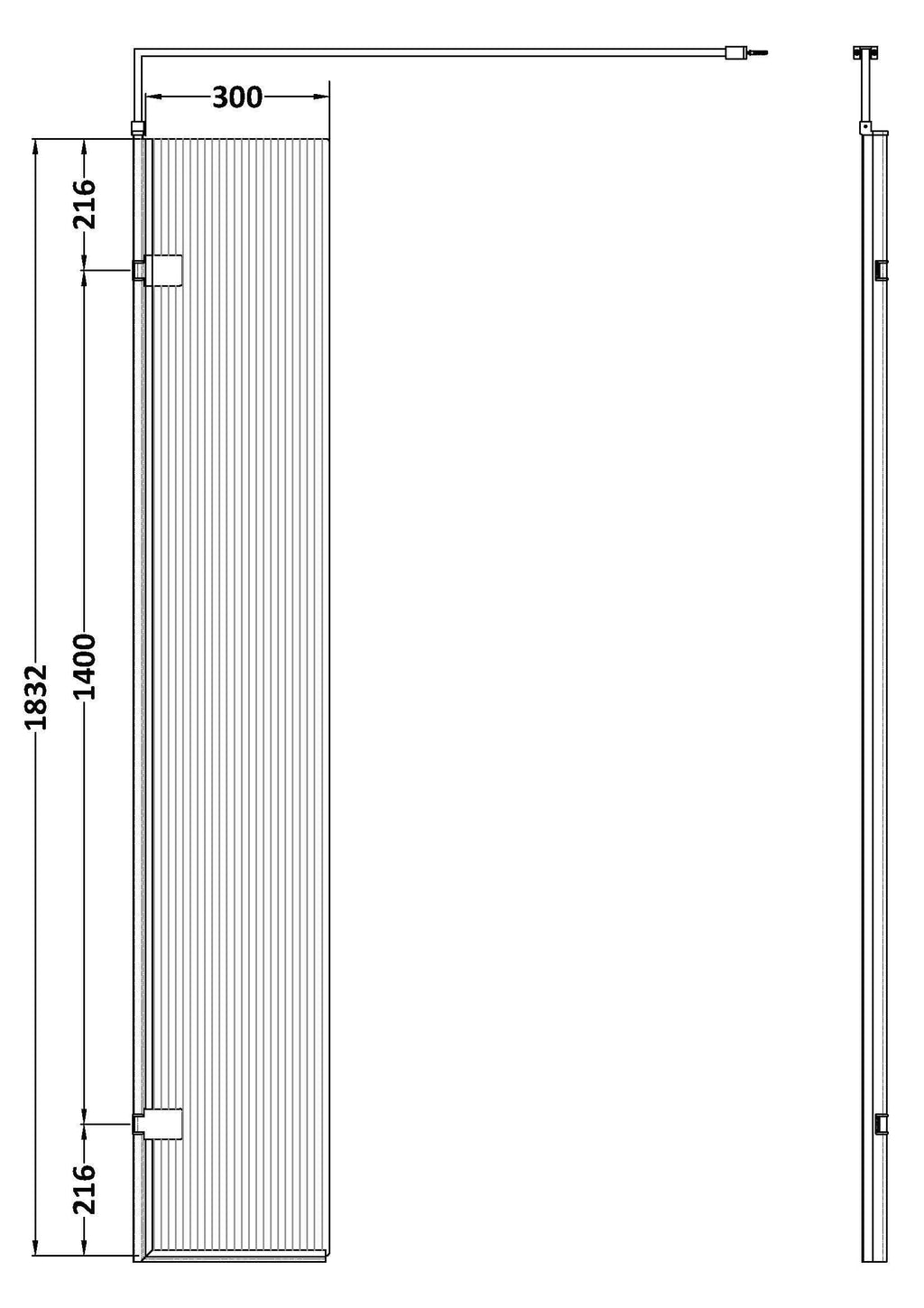 Contour 8mm Fluted Glass Hinged Wetroom Return Panel With Support Bar - 320mm