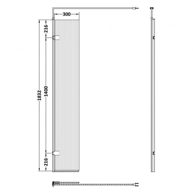 Contour 8mm Fluted Glass Hinged Wetroom Return Panel With Support Bar - 320mm