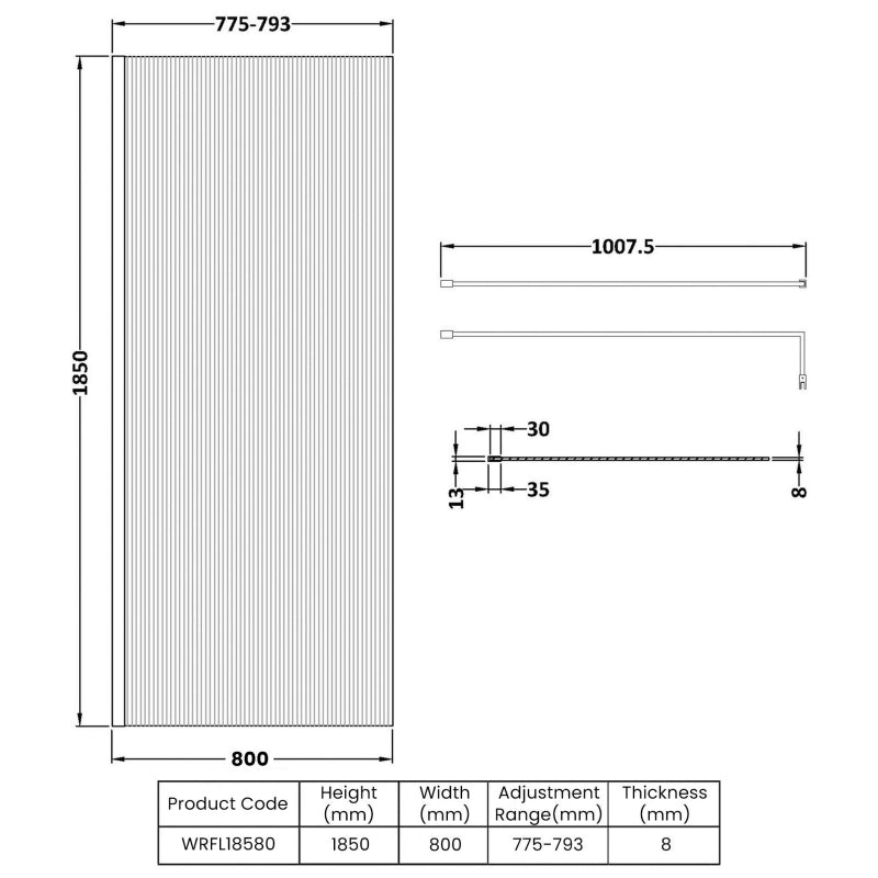 Contour 8mm Fluted Glass Wetroom Panel With Support Bar
