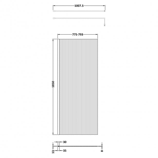 Contour 8mm Fluted Glass Wetroom Panel With Support Bar