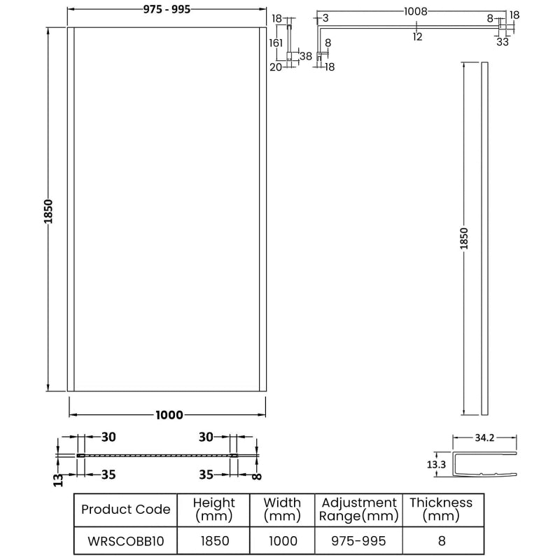 Linear 8mm Outer Framed Glass Wetroom Panel With Support Bar