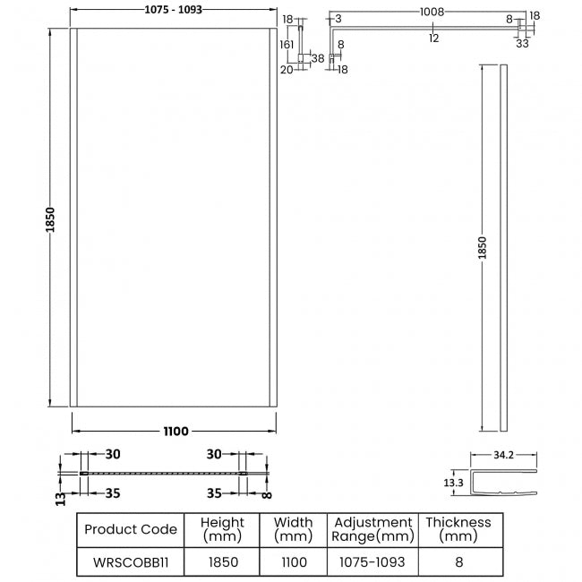 Linear 8mm Outer Framed Glass Wetroom Panel With Support Bar