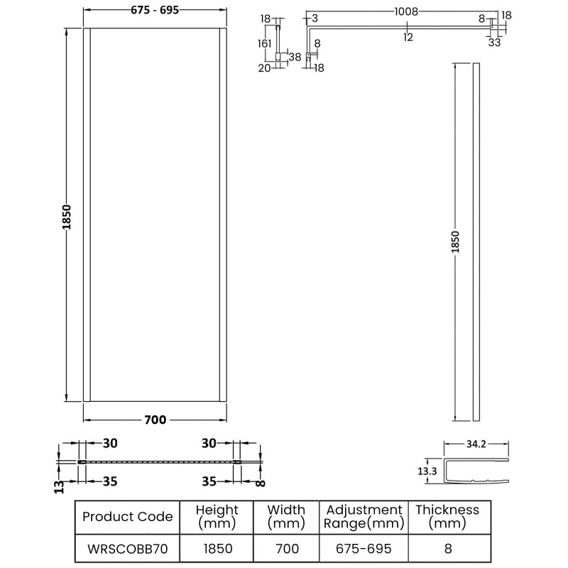 Linear 8mm Outer Framed Glass Wetroom Panel With Support Bar