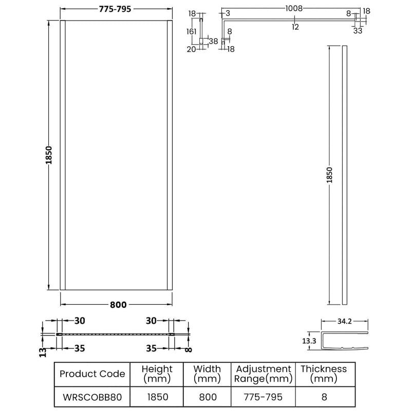 Linear 8mm Outer Framed Glass Wetroom Panel With Support Bar