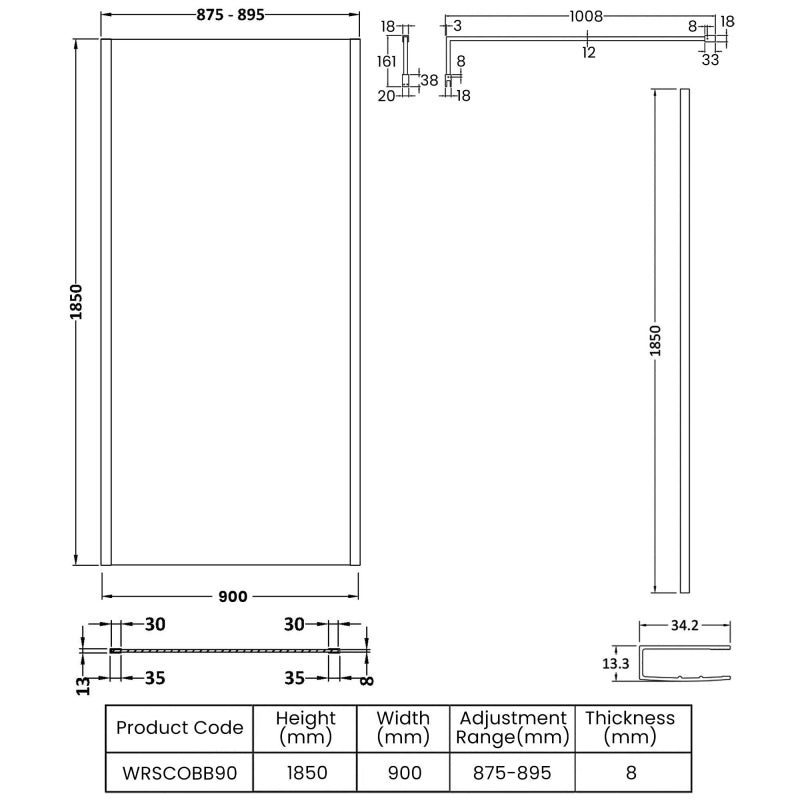 Linear 8mm Outer Framed Glass Wetroom Panel With Support Bar