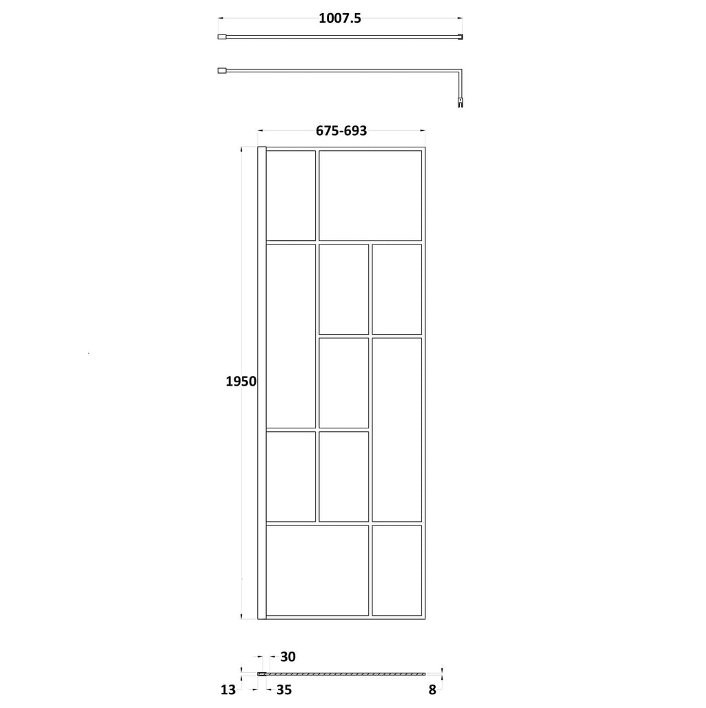 Aspect 8mm Glass Abstract Frame Wetroom Panel With Support Bar - Matt Black