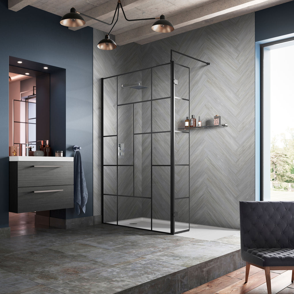 Aspect 8mm Glass Abstract Frame Wetroom Panel With Support Bar - Matt Black