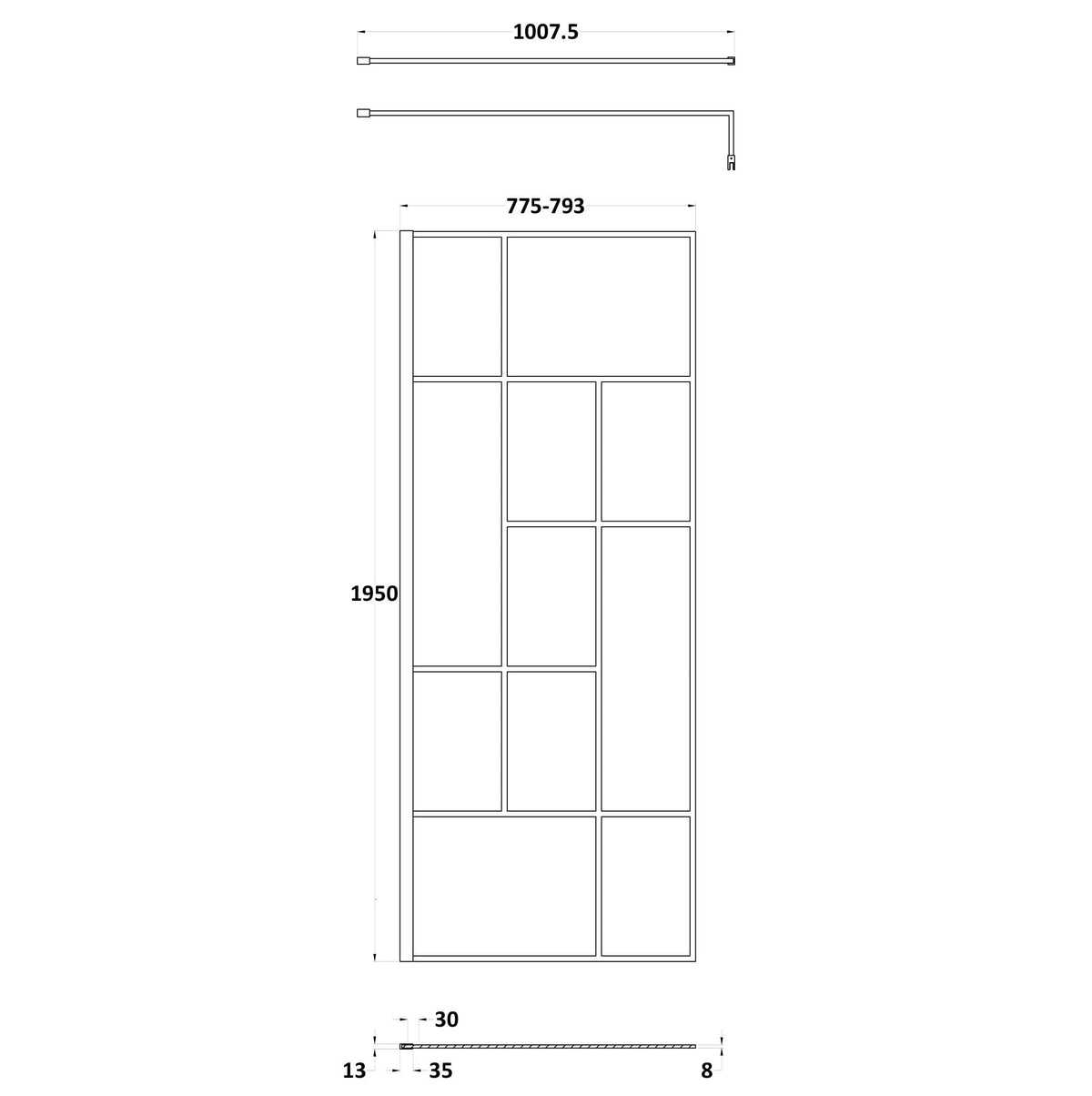 Aspect 8mm Glass Abstract Frame Wetroom Panel With Support Bar - Matt Black