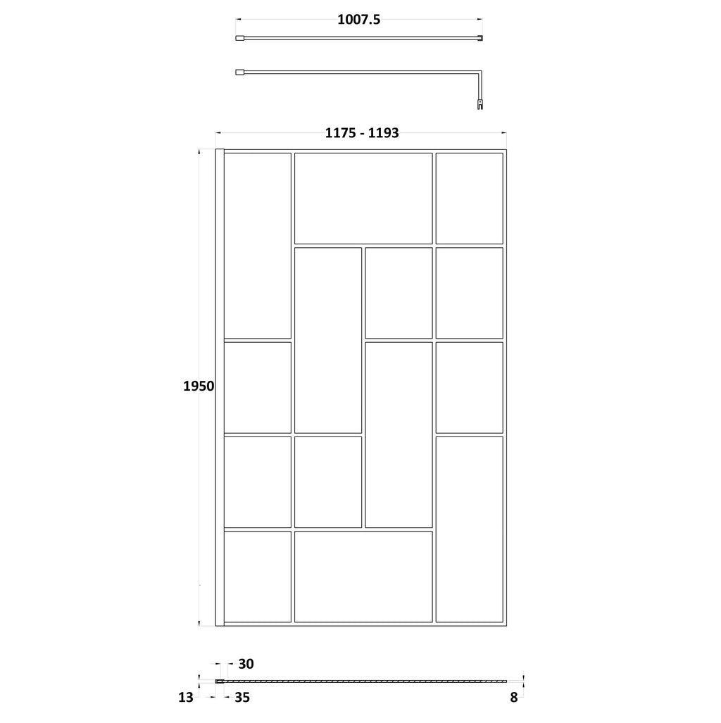 Aspect 8mm Glass Abstract Frame Wetroom Panel With Support Bar - Matt Black
