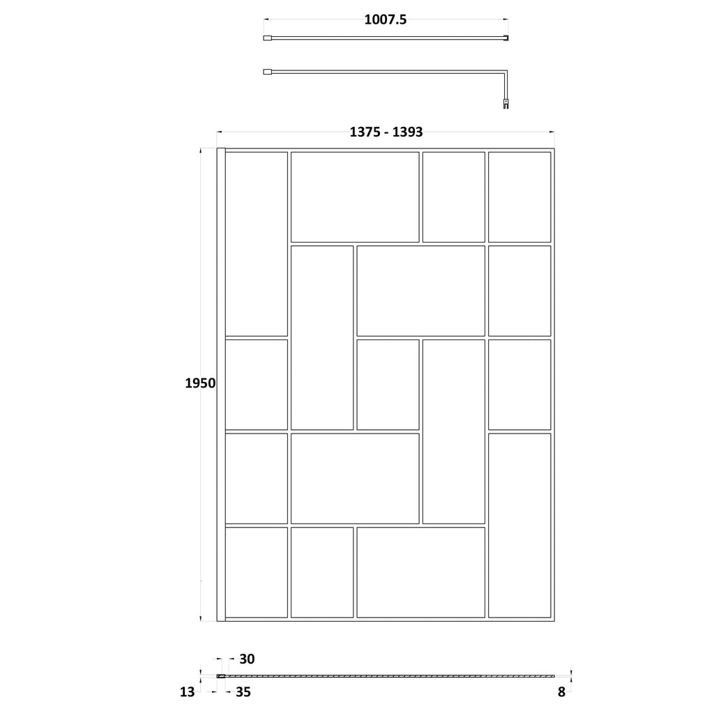 Aspect 8mm Glass Abstract Frame Wetroom Panel With Support Bar - Matt Black
