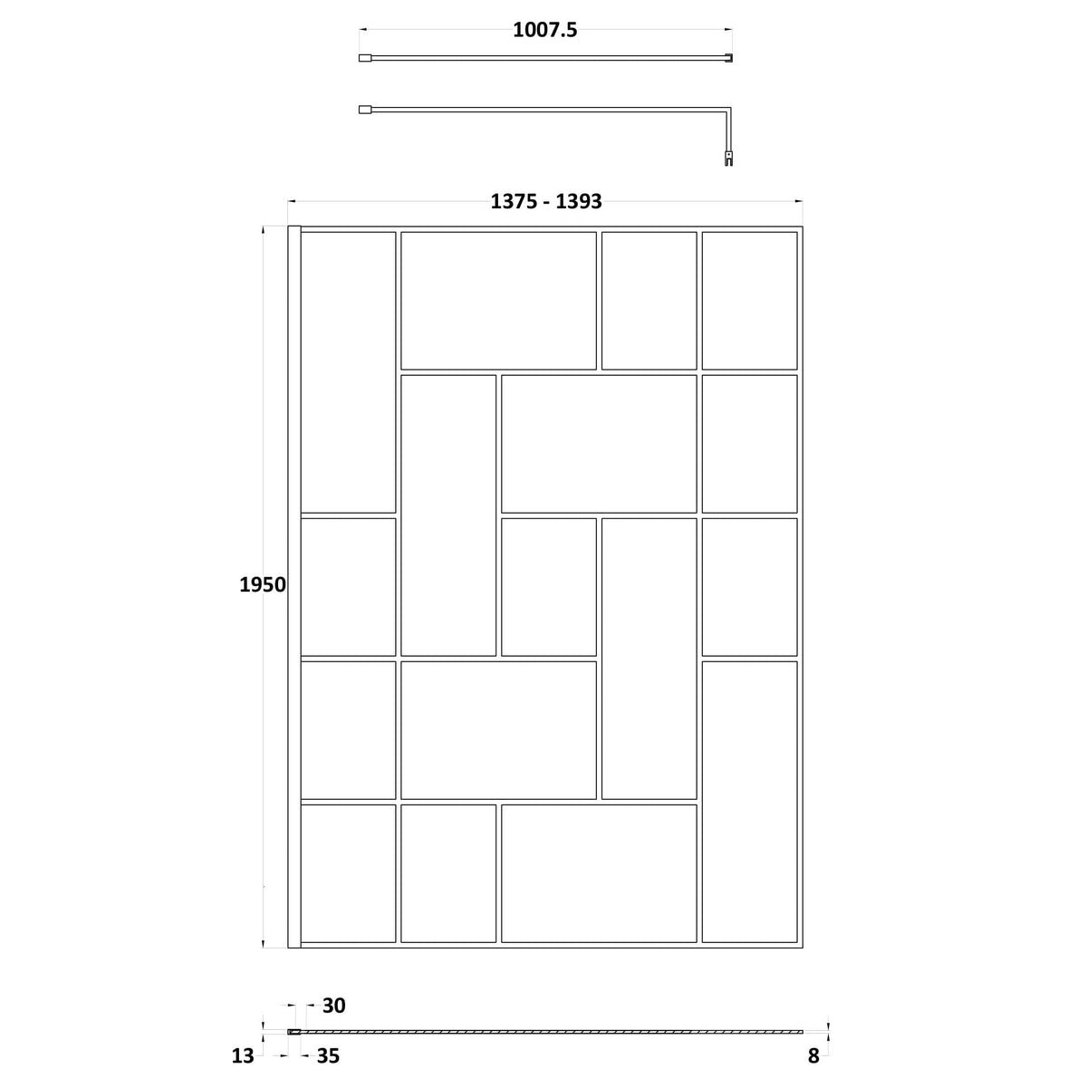 Aspect 8mm Glass Abstract Frame Wetroom Panel With Support Bar - Matt Black