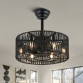18 Inch Black Rattan Farmhouse Caged Ceiling Fan with Lights and Remote, Eeversible Bladeless Ceiling Fan for Bedroom