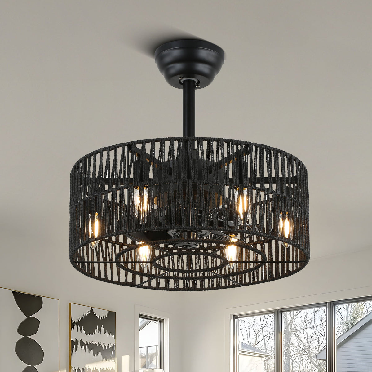 18 Inch Black Rattan Farmhouse Caged Ceiling Fan with Lights and Remote, Eeversible Bladeless Ceiling Fan for Bedroom