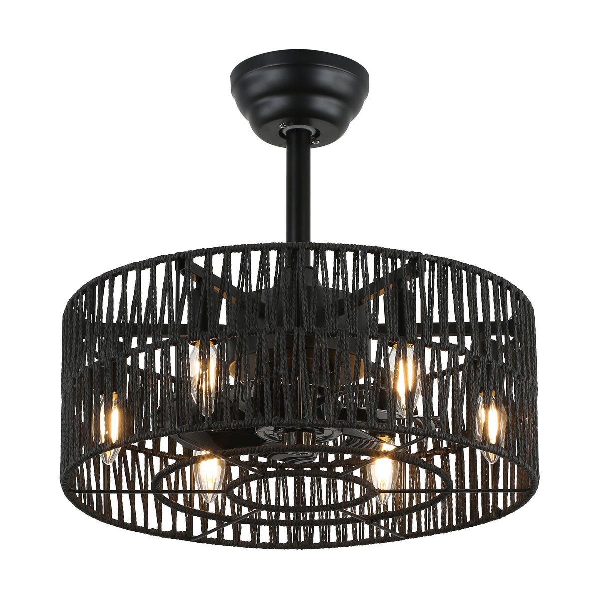 18 Inch Black Rattan Farmhouse Caged Ceiling Fan with Lights and Remote, Eeversible Bladeless Ceiling Fan for Bedroom