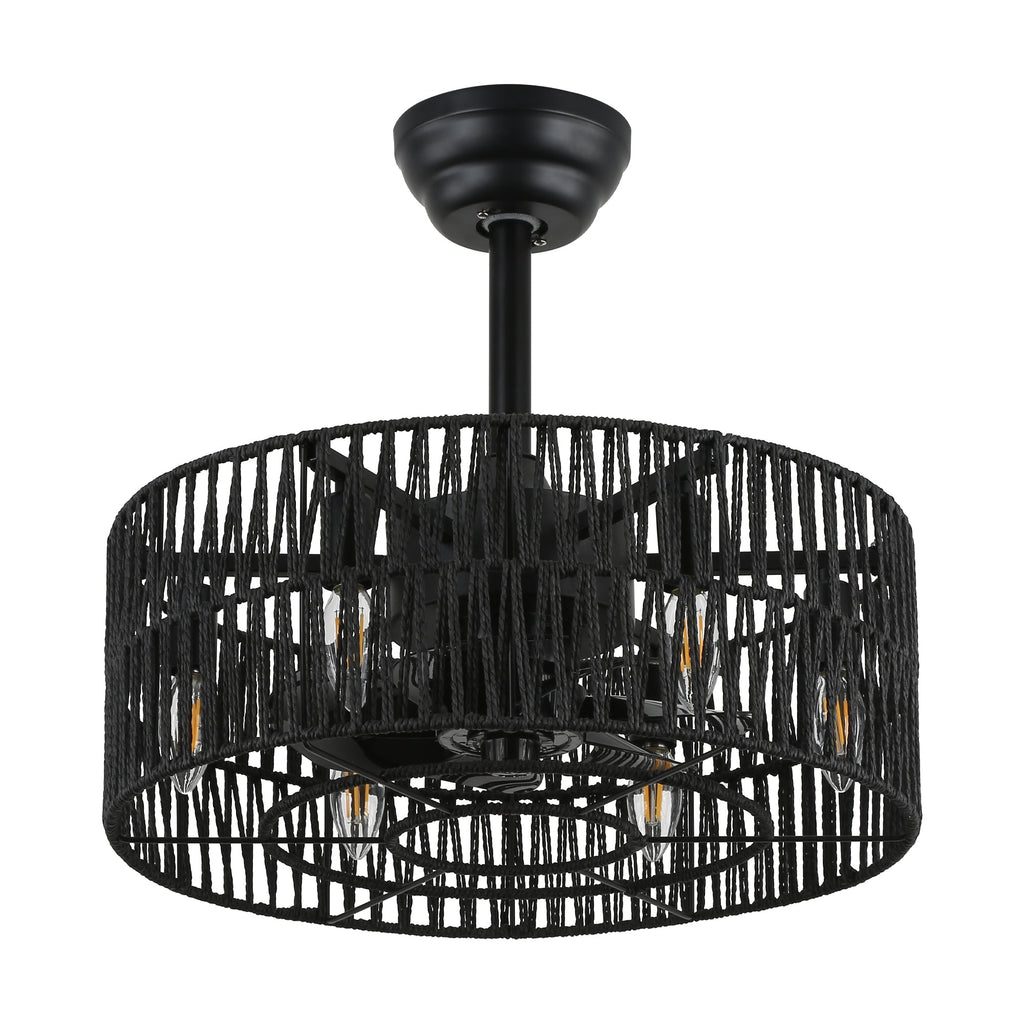 18 Inch Black Rattan Farmhouse Caged Ceiling Fan with Lights and Remote, Eeversible Bladeless Ceiling Fan for Bedroom
