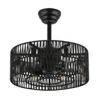 18 Inch Black Rattan Farmhouse Caged Ceiling Fan with Lights and Remote, Eeversible Bladeless Ceiling Fan for Bedroom