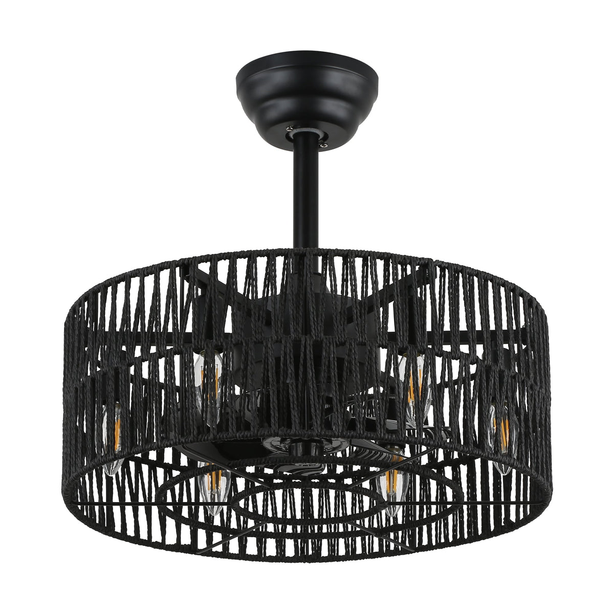 18 Inch Black Rattan Farmhouse Caged Ceiling Fan with Lights and Remote, Eeversible Bladeless Ceiling Fan for Bedroom