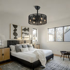 18 Inch Black Rattan Farmhouse Caged Ceiling Fan with Lights and Remote, Eeversible Bladeless Ceiling Fan for Bedroom