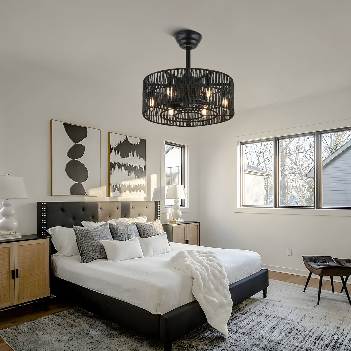 18 Inch Black Rattan Farmhouse Caged Ceiling Fan with Lights and Remote, Eeversible Bladeless Ceiling Fan for Bedroom