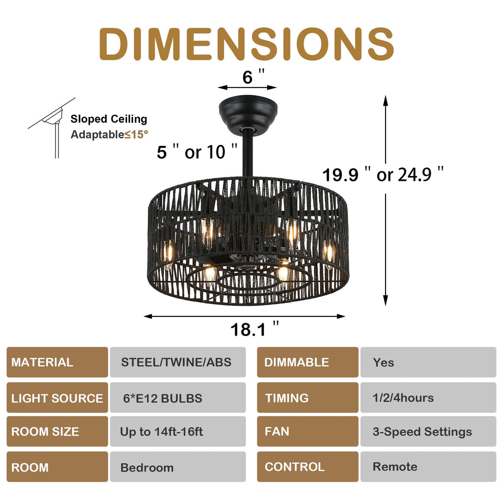 18 Inch Black Rattan Farmhouse Caged Ceiling Fan with Lights and Remote, Eeversible Bladeless Ceiling Fan for Bedroom
