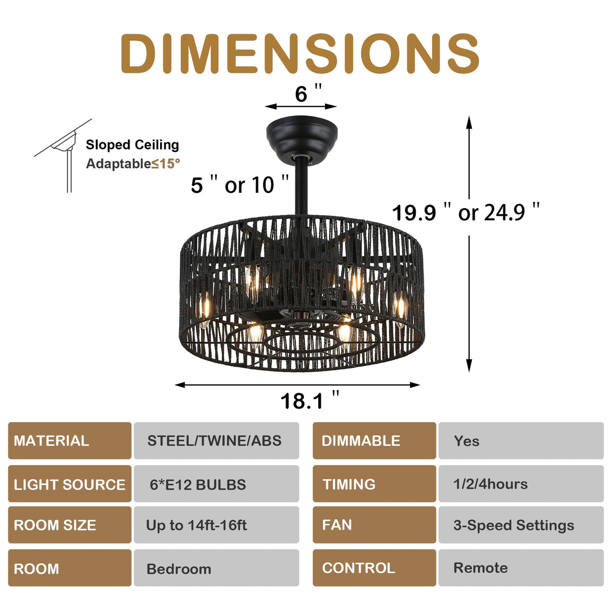 18 Inch Black Rattan Farmhouse Caged Ceiling Fan with Lights and Remote, Eeversible Bladeless Ceiling Fan for Bedroom