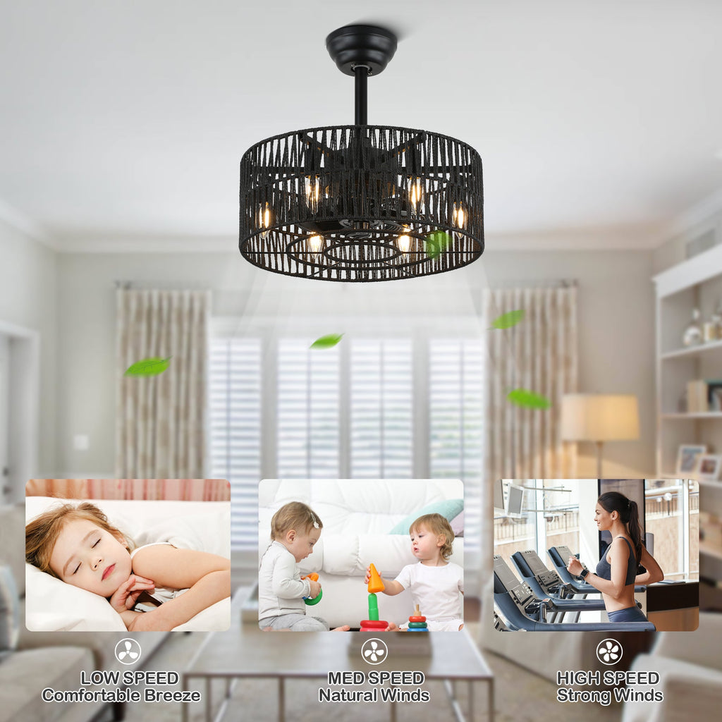 18 Inch Black Rattan Farmhouse Caged Ceiling Fan with Lights and Remote, Eeversible Bladeless Ceiling Fan for Bedroom