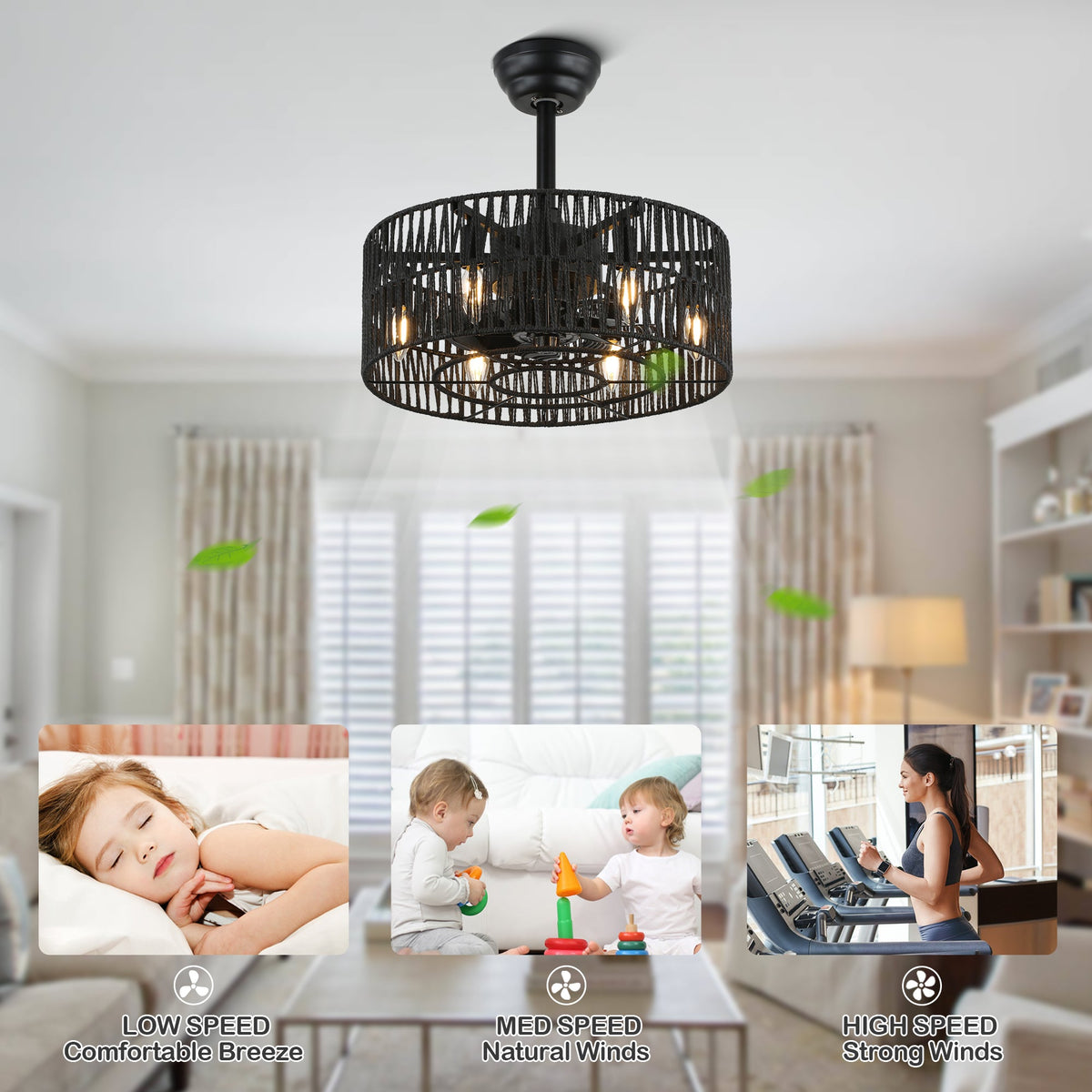 18 Inch Black Rattan Farmhouse Caged Ceiling Fan with Lights and Remote, Eeversible Bladeless Ceiling Fan for Bedroom