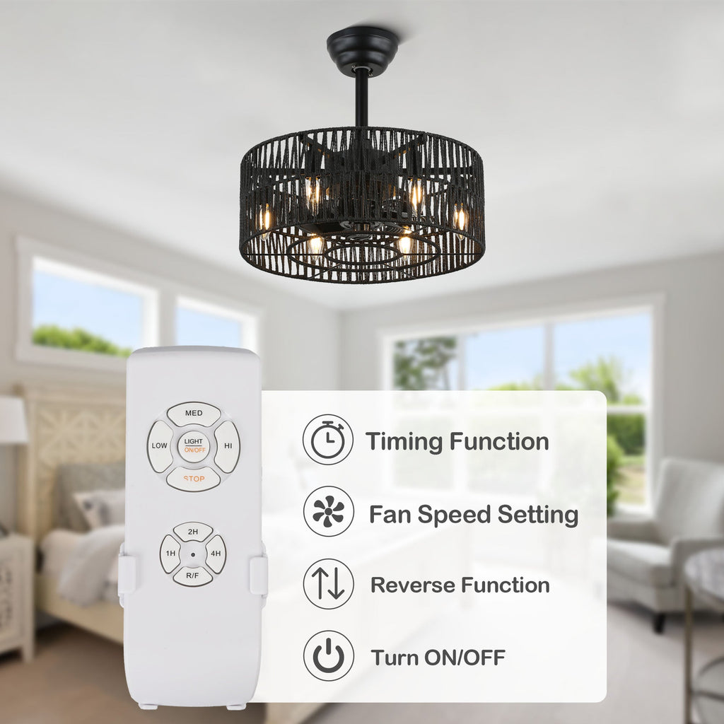 18 Inch Black Rattan Farmhouse Caged Ceiling Fan with Lights and Remote, Eeversible Bladeless Ceiling Fan for Bedroom