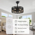 18 Inch Black Rattan Farmhouse Caged Ceiling Fan with Lights and Remote, Eeversible Bladeless Ceiling Fan for Bedroom