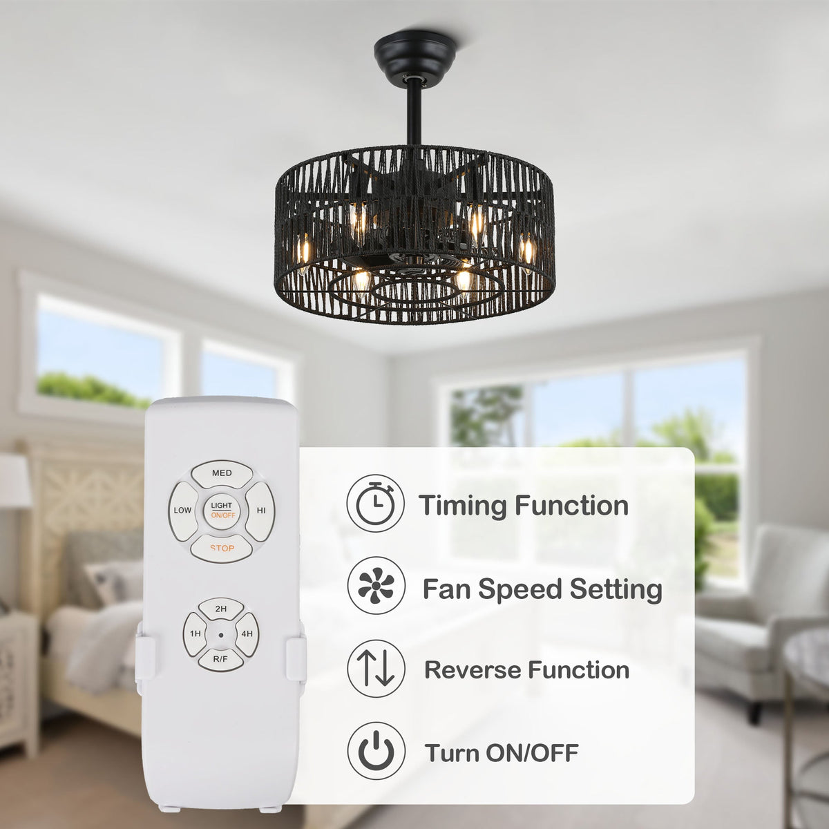 18 Inch Black Rattan Farmhouse Caged Ceiling Fan with Lights and Remote, Eeversible Bladeless Ceiling Fan for Bedroom