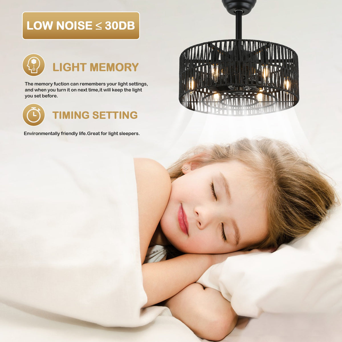18 Inch Black Rattan Farmhouse Caged Ceiling Fan with Lights and Remote, Eeversible Bladeless Ceiling Fan for Bedroom