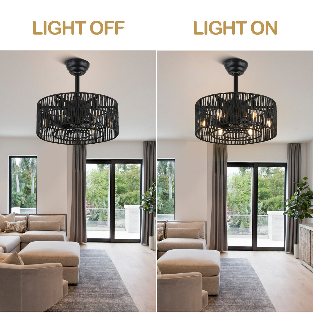 18 Inch Black Rattan Farmhouse Caged Ceiling Fan with Lights and Remote, Eeversible Bladeless Ceiling Fan for Bedroom