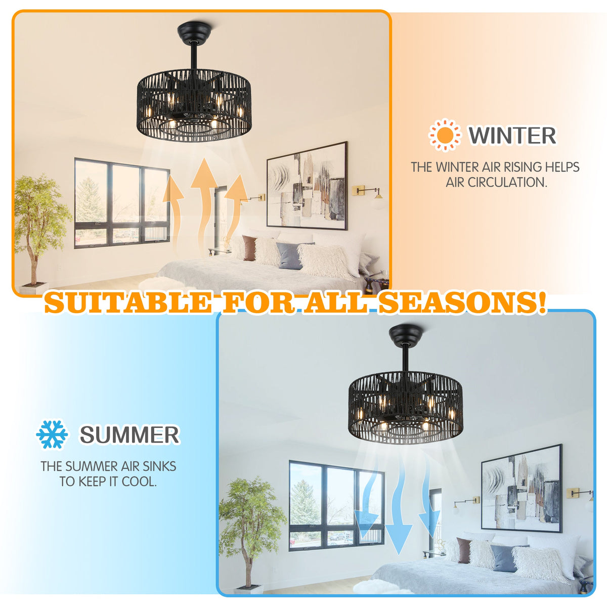 18 Inch Black Rattan Farmhouse Caged Ceiling Fan with Lights and Remote, Eeversible Bladeless Ceiling Fan for Bedroom