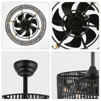 18 Inch Black Rattan Farmhouse Caged Ceiling Fan with Lights and Remote, Eeversible Bladeless Ceiling Fan for Bedroom