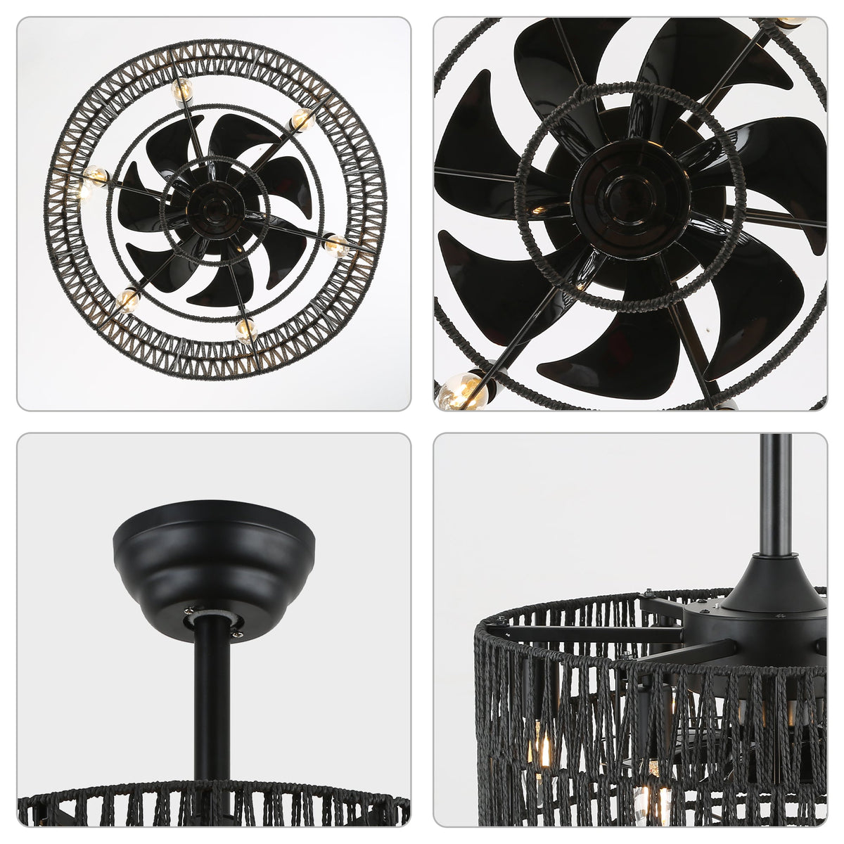 18 Inch Black Rattan Farmhouse Caged Ceiling Fan with Lights and Remote, Eeversible Bladeless Ceiling Fan for Bedroom