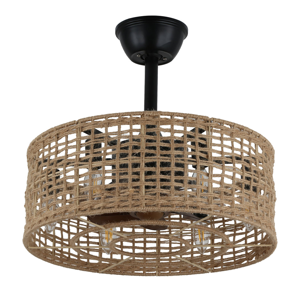 18 Inch Boho Rattan Bladeless Ceiling Fan with Lights and Remote, 3 Speeds Reversible Coastal Caged Fandelier Ceiling Fan